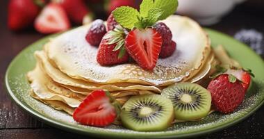 AI generated Savoring the Flavorful Combination of Strawberry-Kiwi Crepes, Enhanced with Raspberries and Powder Sugar photo