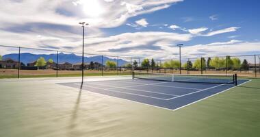 ai generado tenis tribunales tomando el sol debajo un hermosa azul cielo, con un escénico montaña y hogar silueta en el distancia foto