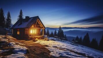 ai generado de madera abrigo en montañas a noche foto