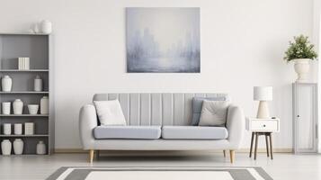 AI generated A Plush Grey Settee in a Well-Appointed Apartment, Complemented by a Lamp and Wall Art photo