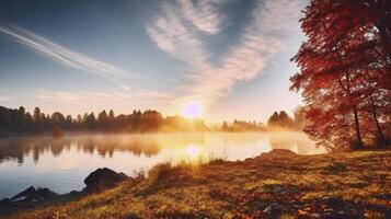 AI generated The Enchanting and Peaceful Sunrise Amidst Autumn's Splendor photo