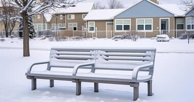 AI generated A Park's Desolate Benches Amid a Neighborhood Blanketed in Winter's White, with Buildings and Houses in View photo