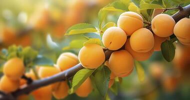 AI generated A Garden's Apricot Tree Branch Laden with Sun-Kissed, Juicy Fruits photo