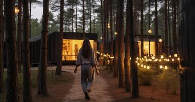 ai generado crepúsculo tranquilidad - un mujer paseos en un pino bosque cerca un acogedor, iluminado por guirnaldas salón por un de madera cabina foto