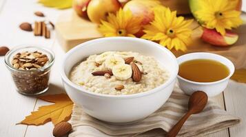 AI generated A Warm Serving of Oatmeal with Banana and Honey, Accompanied by Yogurt in a White Bowl, Set Against a Wooden Backdrop photo