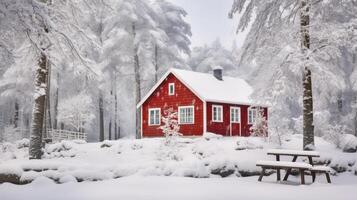 AI generated A Warm Red Wooden Abode Surrounded by the Tranquil Beauty of a Snowy Winter photo