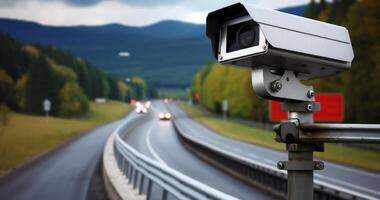 ai generado borde del camino centinela - un velocidad supervisión Radar cámara asegurando la seguridad en el autopista foto