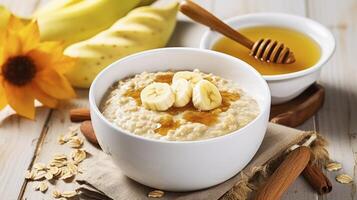 AI generated Autumn-Inspired Oatmeal with Banana, Honey, and Yogurt in a White Bowl on a Wooden Background photo