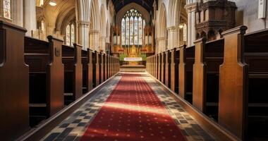 ai generado el encantador y florido interior de un Iglesia sala, capturar eterno gracia foto