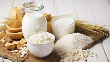 AI generated Top view of fresh dairy products. milk, cottage cheese, wheat, white wood background photo