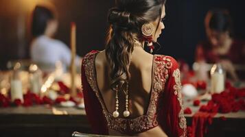 ai generado el Mañana preparativos de un adorable hindú novia en su tradicional rojo lehenga foto