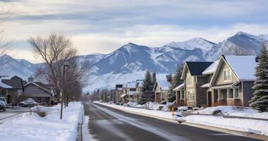 AI generated A Snow-Blanketed Street in a Residential Area, Offering Picturesque Views of Cloudy Skies and Mountains photo