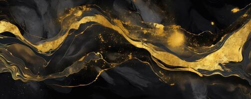 AI generated Liquid black marble with gold textures. Luxury pattern, golden, fluid illustration photo