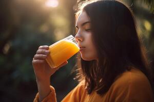 ai generado mujer Bebiendo naranja jugo. generar ai foto