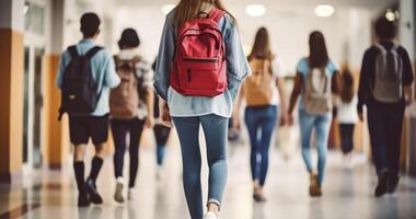 ai generado el anónimo venidas y idas y venidas de Adolescente estudiantes en un alto colegio salón foto