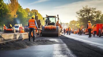 AI generated Roadwork in Action - The Busy Scene of Workers and Machinery at a Highway Construction Site Laying Asphalt photo