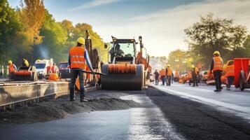 ai generado trabajo en la carretera en acción - el ocupado escena de trabajadores y maquinaria a un autopista construcción sitio tendido asfalto foto