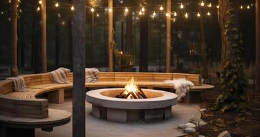 AI generated A Forest Lounge Oasis with a Fireplace, Circular Bench, and Dazzling Garlands at Twilight photo