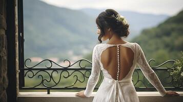 AI generated A Beautiful Brunette Bride Captured Before a Breathtaking Mountain Backdrop photo
