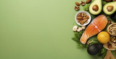 AI generated Nutritious and Delicious. A Top-View Composition of Keto Diet Essentials - Salmon, Avocado, Eggs, and More on Green photo