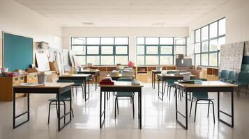 ai generado dentro un aula, dónde escritorios estar en ordenado filas, esperando estudiantes llegada foto