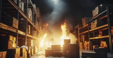 AI generated A Warehouse Fire Devastates Shelves and Goods, Triggering Significant Delivery Interruptions and Losses photo