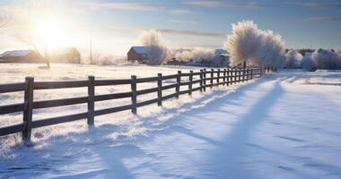 AI generated A Panoramic View of a Sunlit Wooden Fence Standing Boldly in a Grey, Snow-Blanketed Landscape photo