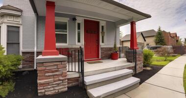 AI generated A Charming Home Entrance Featuring a Red Door Under a Pitched Roof, Complemented by Pillars and a Cozy Porch photo