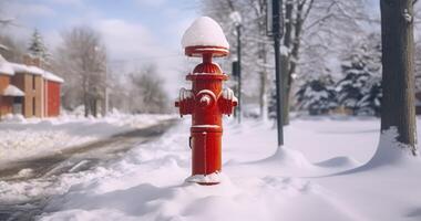 ai generado un vibrante rojo fuego boca de aguas y polo estar fuera en contra un Nevado invierno paisaje con arboles y edificios debajo un nublado cielo foto