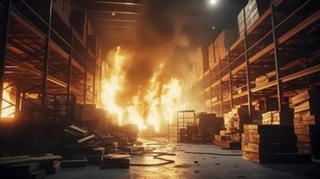 AI generated A Devastating Fire Ravages Warehouse Racks, Consuming Boxes of Goods and Creating Enormous Delivery Setbacks photo