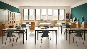 AI generated The Inviting Interior of a Classroom, Equipped with Student Desks photo