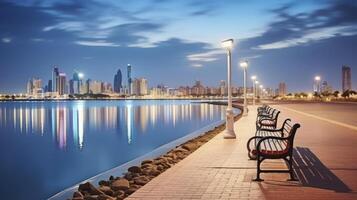 ai generado frente al mar elegancia - un fascinante ver de el ciudad en el persa Golfo foto