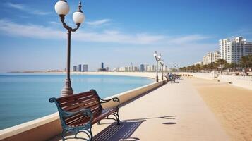 ai generado urbano oasis - cautivador ciudad paisaje a lo largo el persa Golfo en abu dhabi foto