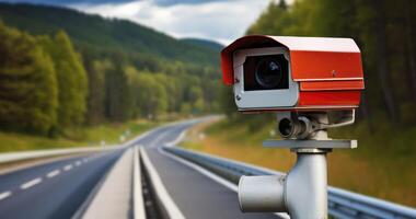 AI generated A Roadside Radar Camera Diligently Monitoring Vehicle Speeds photo