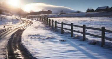 ai generado un rayo de luz de sol ilumina un borde del camino de madera cerca en un gris, cubierto de nieve invierno escena foto