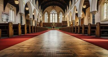 ai generado el armonioso mezcla de Arte y devoción en el interior de un Iglesia salón foto