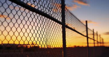 AI generated An Outside View of a Secure Area Enclosed by a Mesh Wire Fence with Barbed Wires at Sunset photo