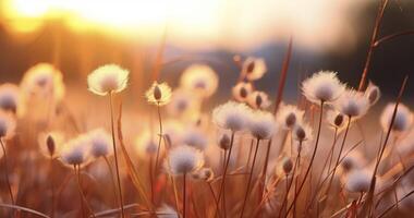 AI generated The Enchanting Grass Blossoms Illuminated by the Warmth of a Setting Sun photo