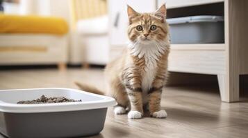 AI generated A Charming Cat Making Use of the Litter Box in a Homely Room Setting photo