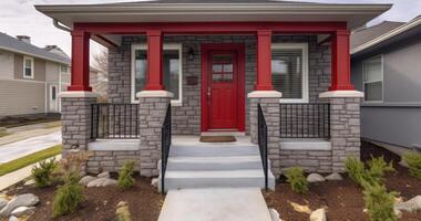 AI generated Picturesque Entrance - A Panoramic View of a Pitched Roof Over a Vibrant Red Door, Flanked by Pillars and Railings, on a Small Porch photo