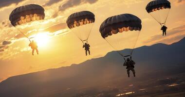 AI generated Military Paratroopers Making a Controlled Landing with Parachutes photo