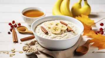 AI generated Creamy Oatmeal with Sliced Banana and Honey, Topped with Yogurt in a White Bowl, Presented on a Rustic Wooden Surface photo