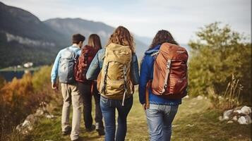 AI generated A Close-Knit Group of Friends Setting Off on a Hiking Adventure, Seen from the Back photo