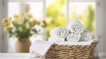 AI generated Basket with towels on window sill over summer day background photo