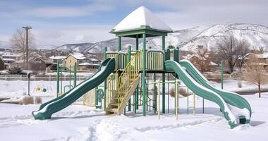 ai generado frío divertido - vibrante verde patio de recreo diapositivas surgir desde el nieve cobija en un local parque foto