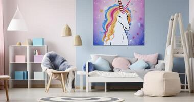 ai generado un niño dormitorio mundo maravilloso con unicornio y helado carteles, suave lecho, y un ajustado Sillón foto