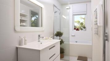 ai generado un nuevo y de moda blanco baño, perfectamente hecho a mano en un moderno casa foto