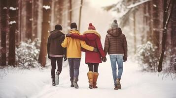 AI generated A Heartwarming Stroll Through the Winter Woods with a Group of Close Friends photo