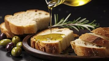 AI generated A Rich Close-Up of Olive Oil Gently Pouring onto Artisanal Bread in the Dim Light photo