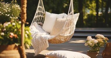 AI generated A Relaxing String Swing Adorned with a Pillow, Enhanced by Wicker Baskets and a Blanket on a Garden Deck photo